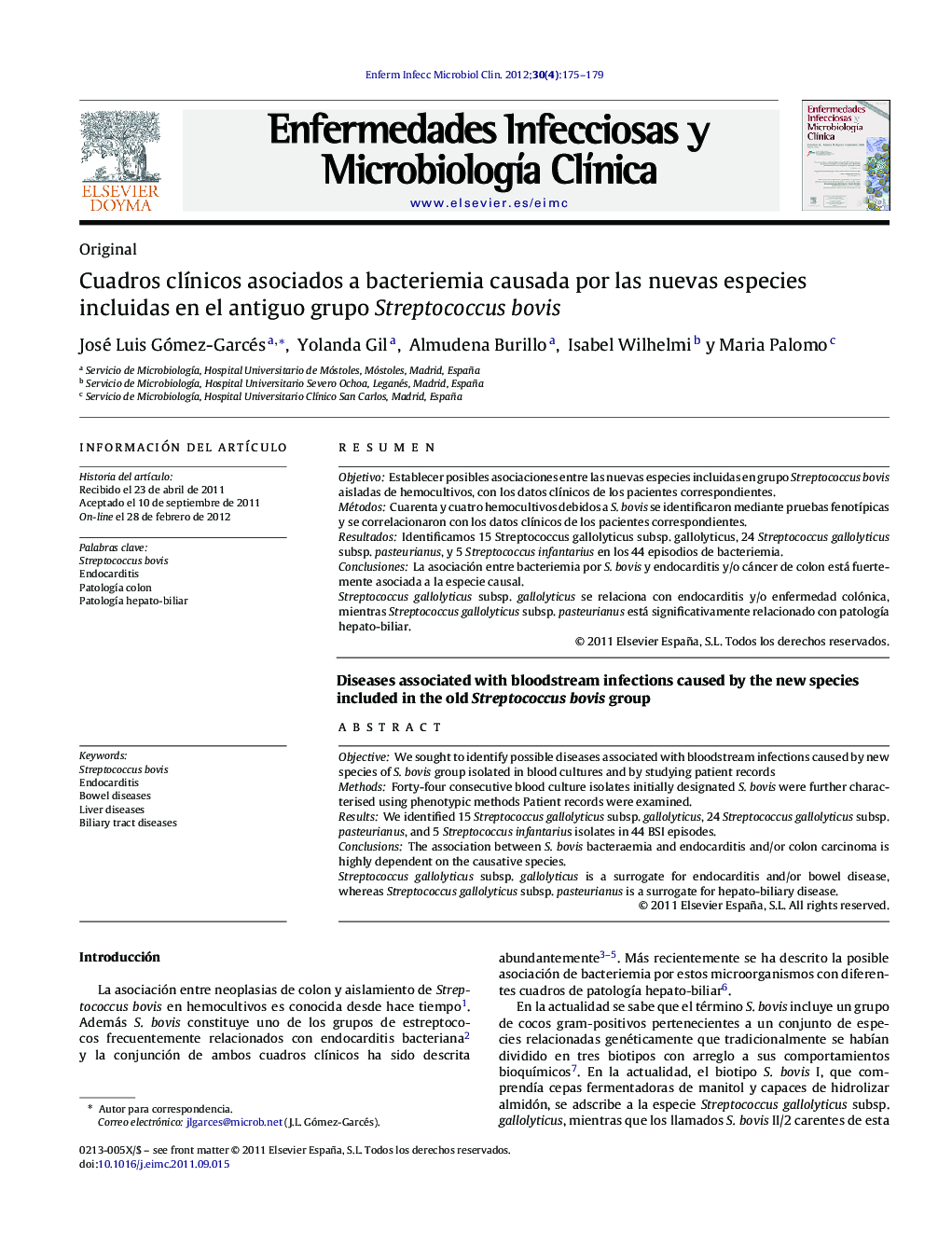 Cuadros clÃ­nicos asociados a bacteriemia causada por las nuevas especies incluidas en el antiguo grupo Streptococcus bovis