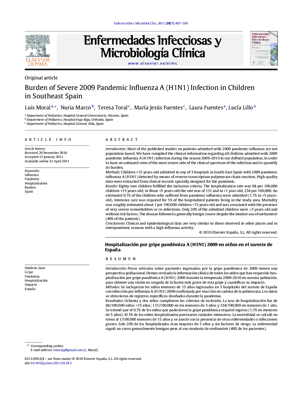 Burden of Severe 2009 Pandemic Influenza A (H1N1) Infection in Children in Southeast Spain