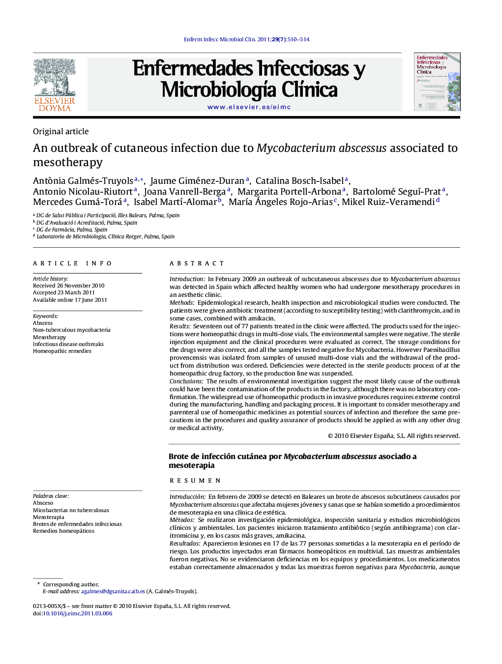 An outbreak of cutaneous infection due to Mycobacterium abscessus associated to mesotherapy