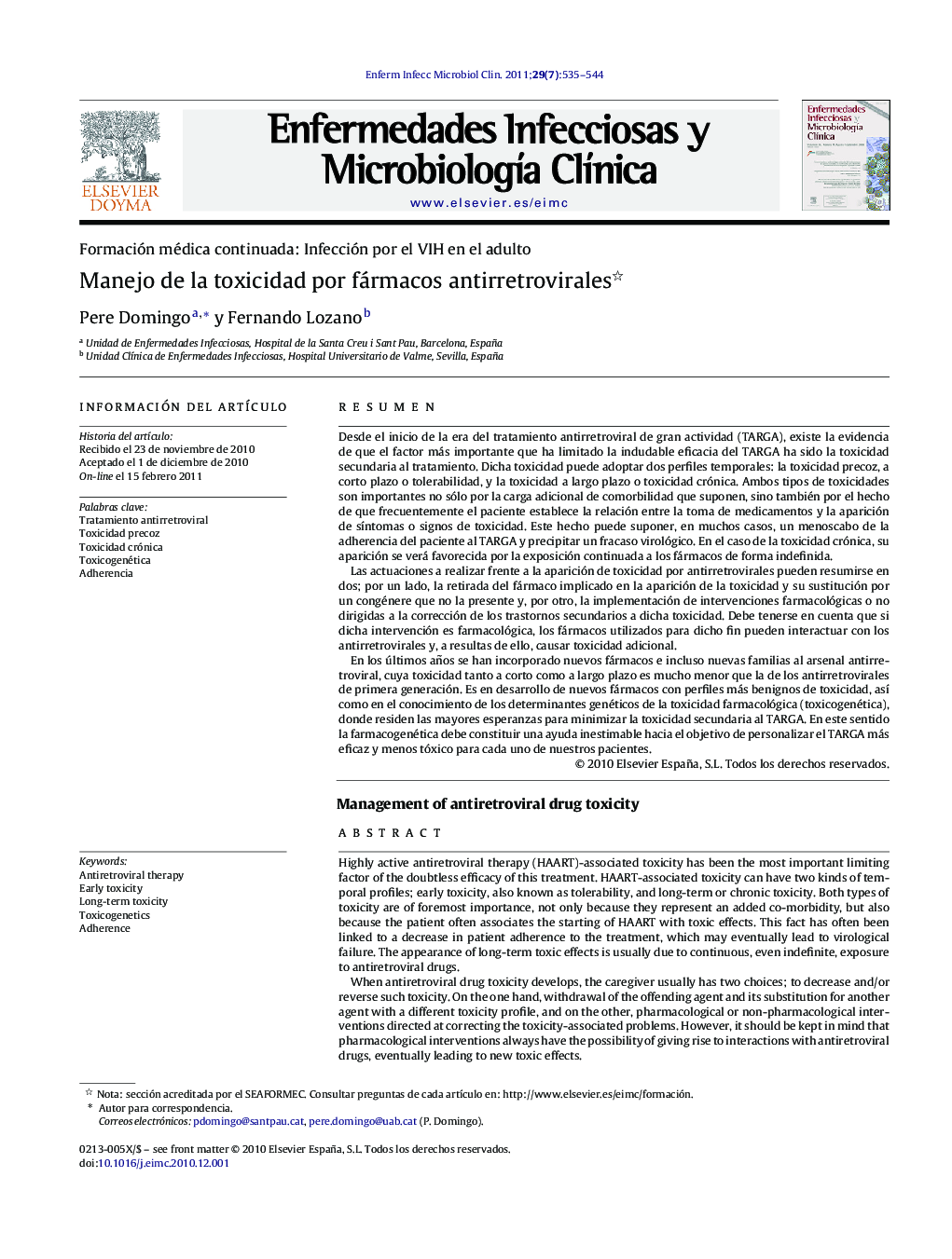 Manejo de la toxicidad por fármacos antirretrovirales 