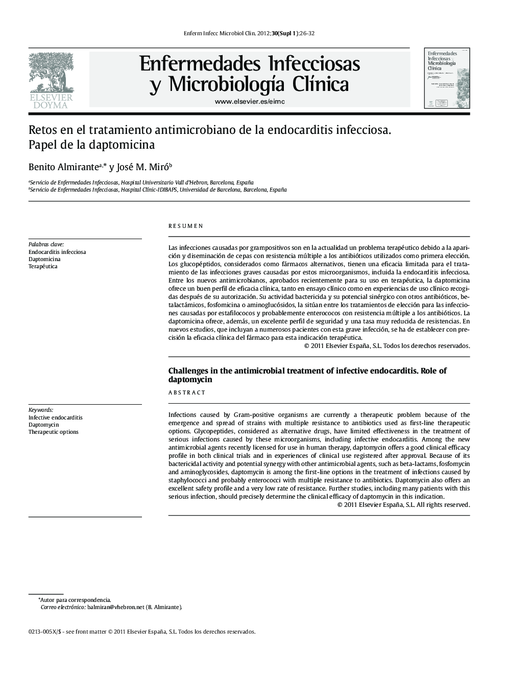 عکس صفحه اول مقاله: Retos en el tratamiento antimicrobiano de la endocarditis infecciosa. Papel de la daptomicina Retos en el tratamiento antimicrobiano de la endocarditis infecciosa. Papel de la daptomicina