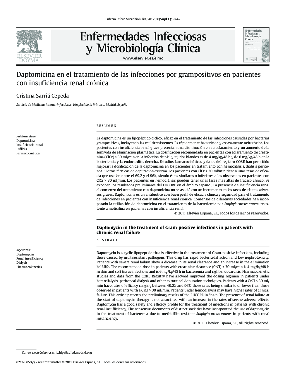 عکس صفحه اول مقاله: Daptomicina en el tratamiento de las infecciones por grampositivos en pacientes con insuficiencia renal crónica Daptomicina en el tratamiento de las infecciones por grampositivos en pacientes con insuficiencia renal crónica