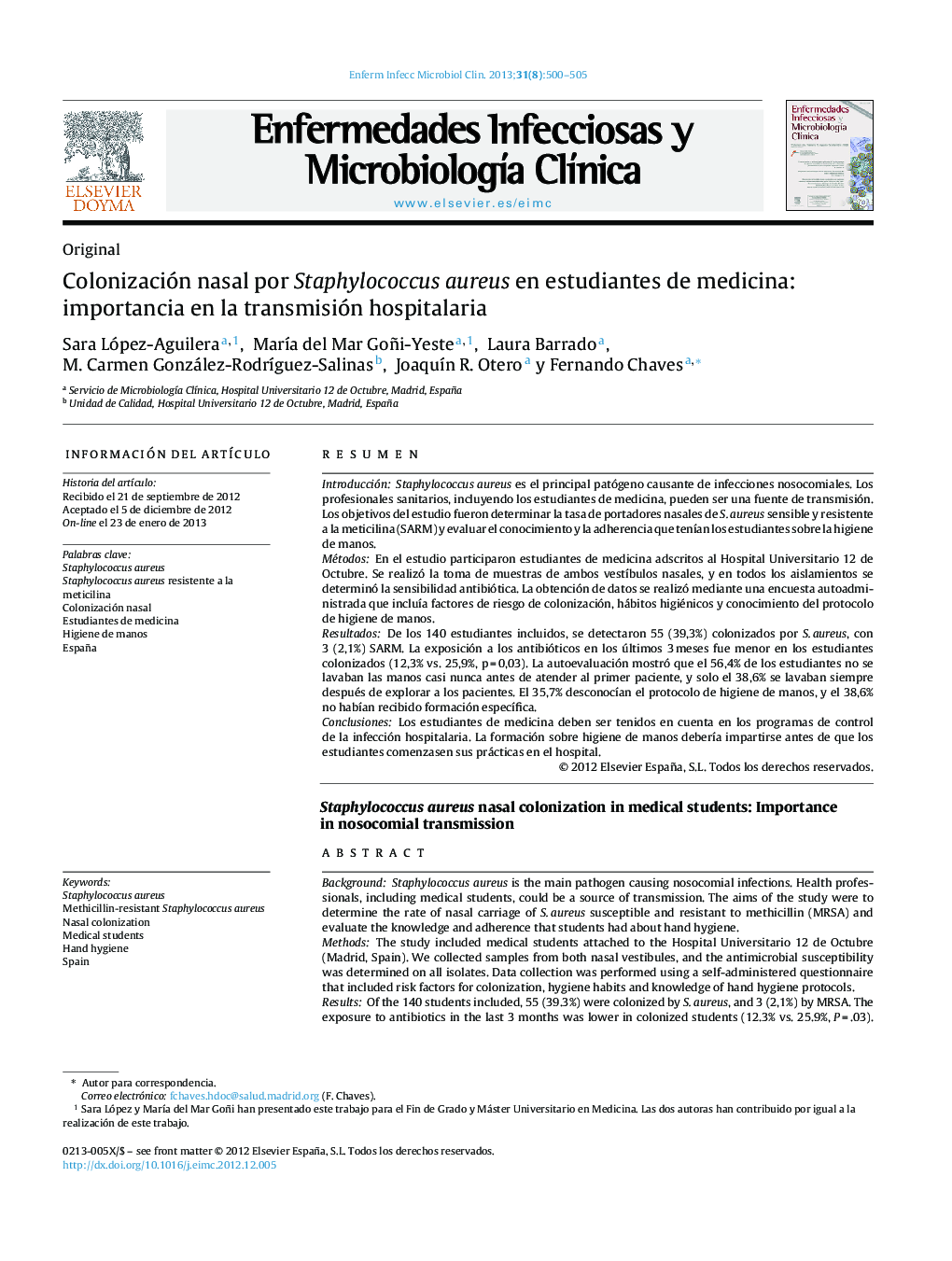 Colonización nasal por Staphylococcus aureus en estudiantes de medicina: importancia en la transmisión hospitalaria