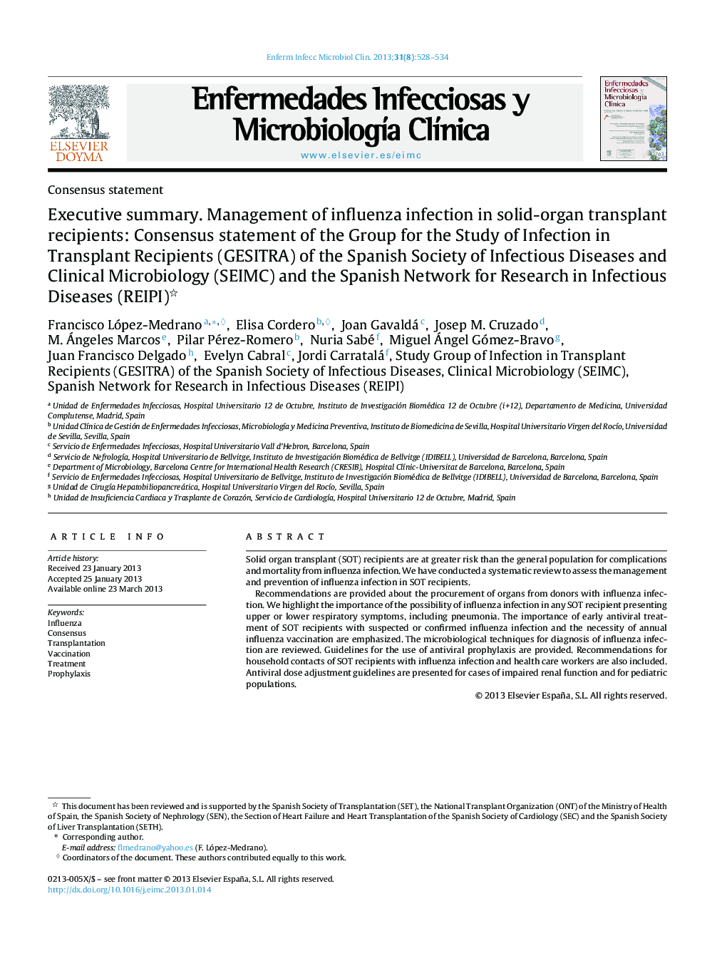 Executive summary. Management of influenza infection in solid-organ transplant recipients: Consensus statement of the Group for the Study of Infection in Transplant Recipients (GESITRA) of the Spanish Society of Infectious Diseases and Clinical Microbiolo