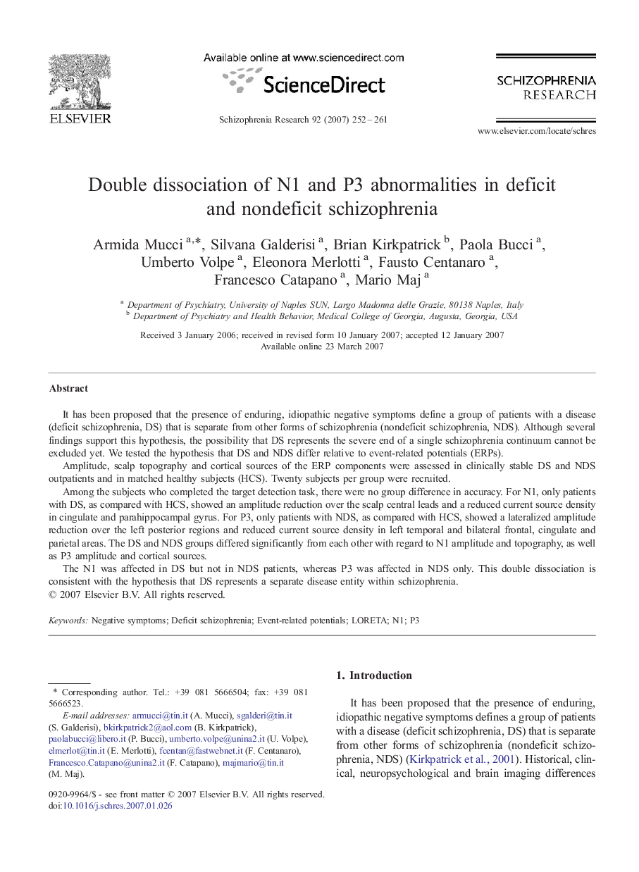 Double dissociation of N1 and P3 abnormalities in deficit and nondeficit schizophrenia