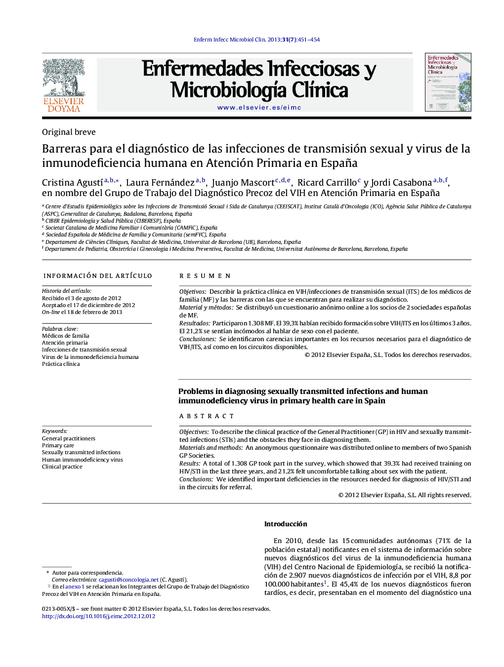 Barreras para el diagnóstico de las infecciones de transmisión sexual y virus de la inmunodeficiencia humana en Atención Primaria en España