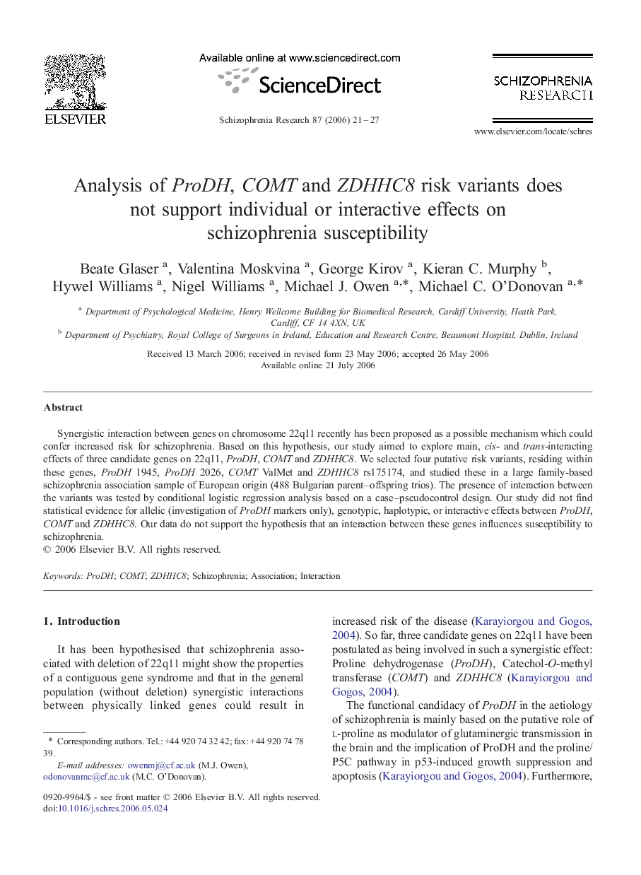 Analysis of ProDH, COMT and ZDHHC8 risk variants does not support individual or interactive effects on schizophrenia susceptibility