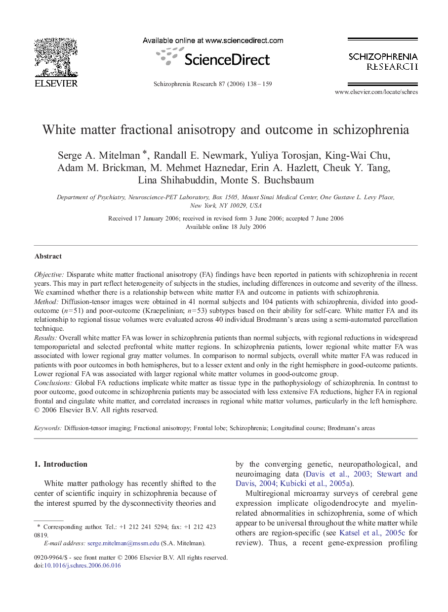 White matter fractional anisotropy and outcome in schizophrenia