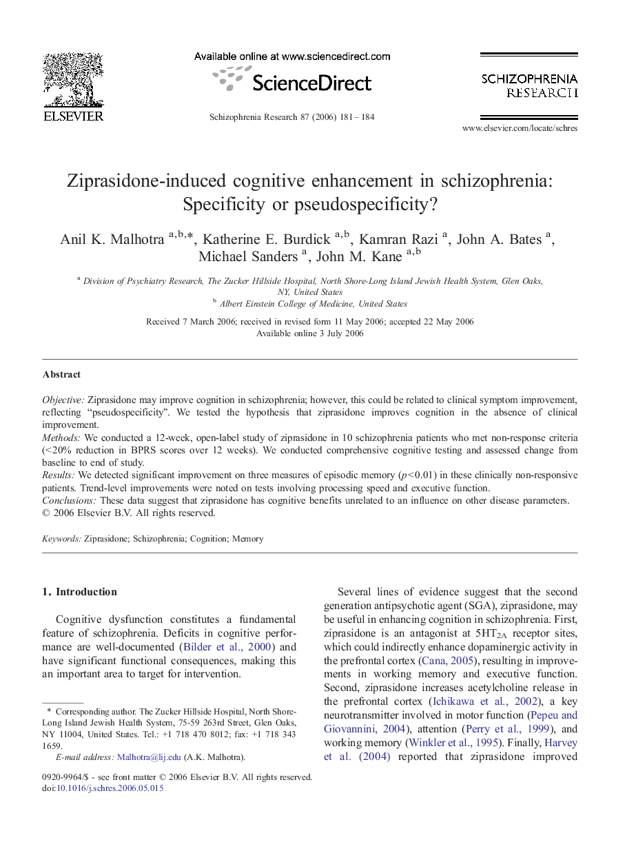 Ziprasidone-induced cognitive enhancement in schizophrenia: Specificity or pseudospecificity?