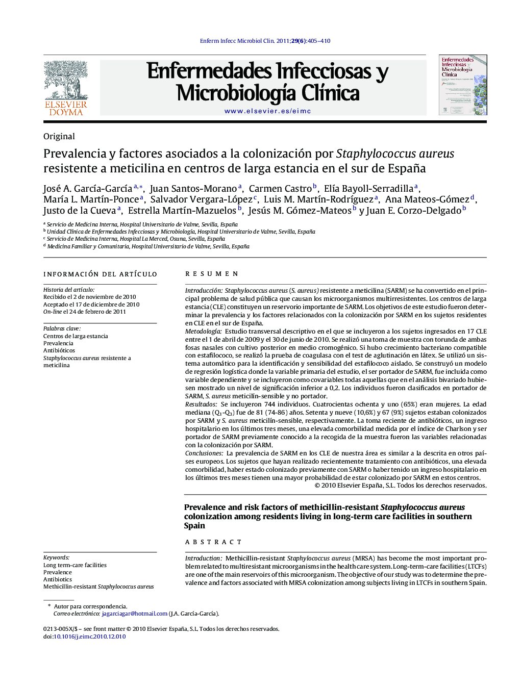 Prevalencia y factores asociados a la colonización por Staphylococcus aureus resistente a meticilina en centros de larga estancia en el sur de España