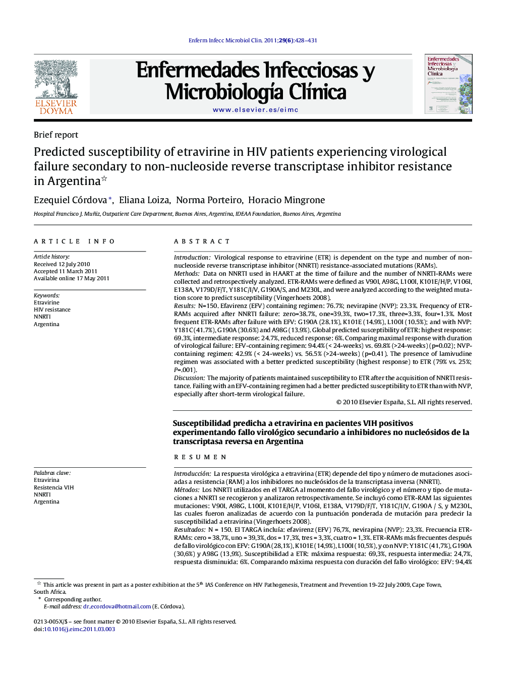 Predicted susceptibility of etravirine in HIV patients experiencing virological failure secondary to non-nucleoside reverse transcriptase inhibitor resistance in Argentina