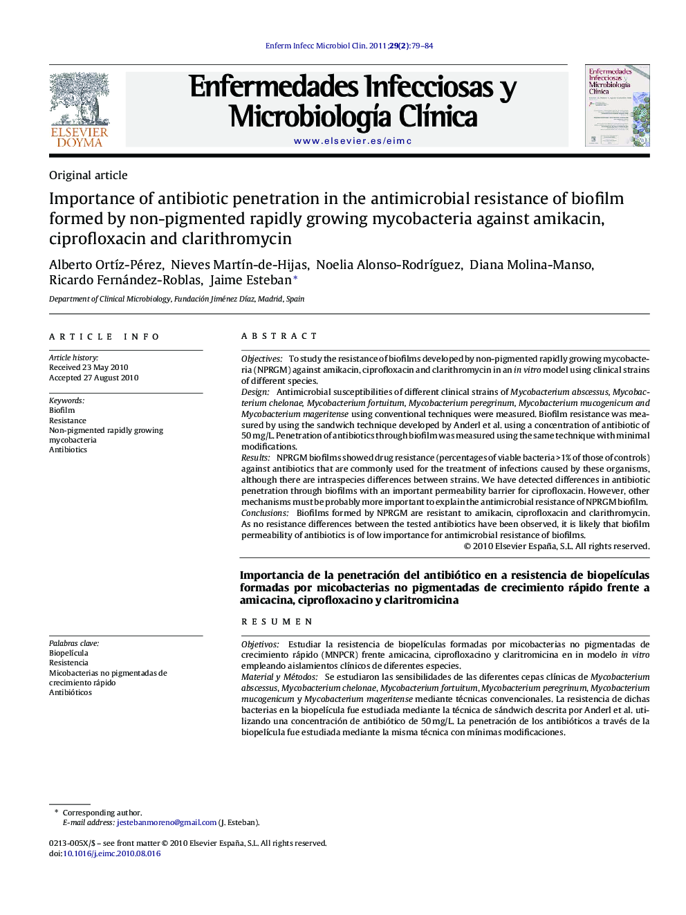 Importance of antibiotic penetration in the antimicrobial resistance of biofilm formed by non-pigmented rapidly growing mycobacteria against amikacin, ciprofloxacin and clarithromycin