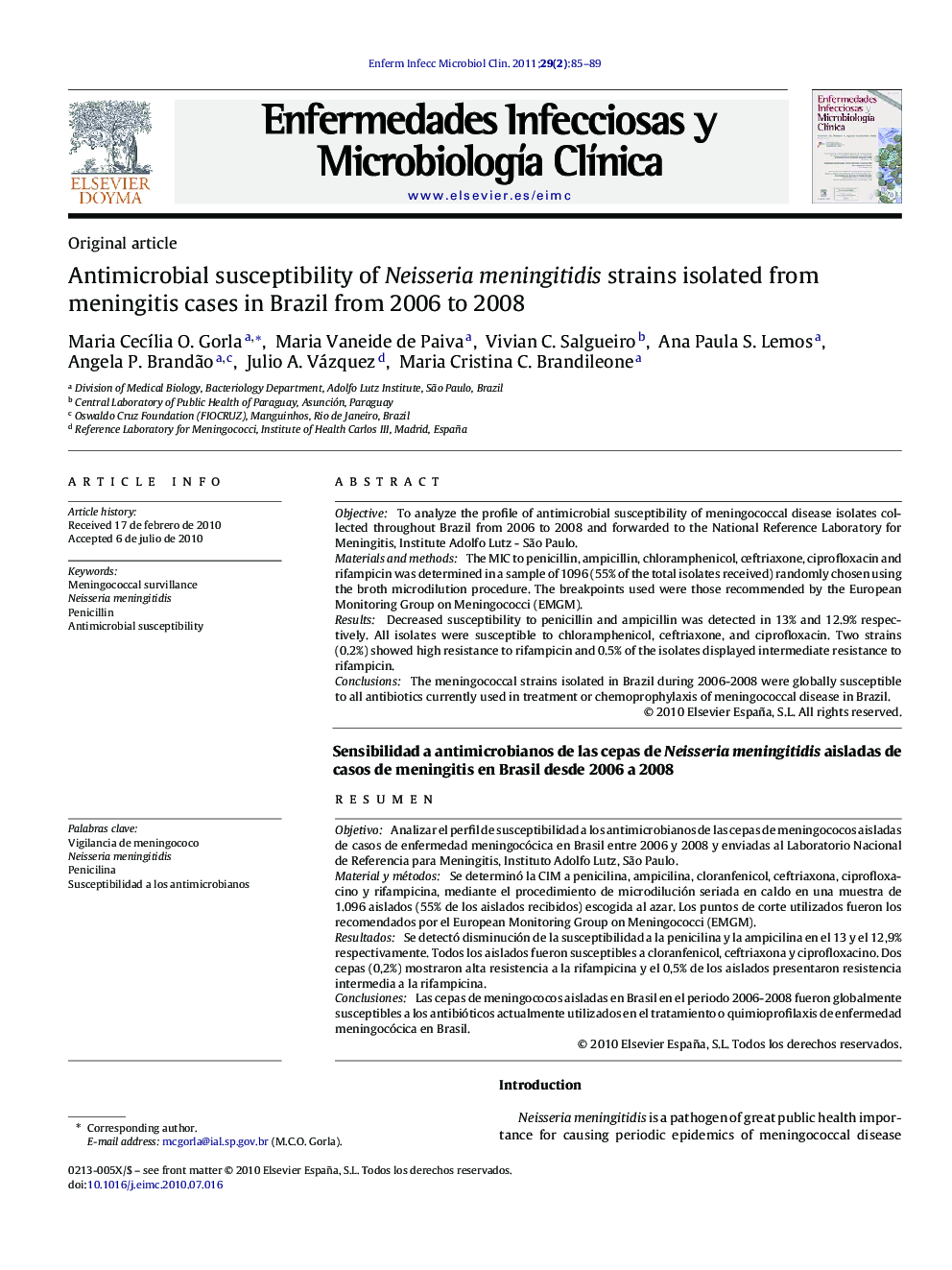 Antimicrobial susceptibility of Neisseria meningitidis strains isolated from meningitis cases in Brazil from 2006 to 2008