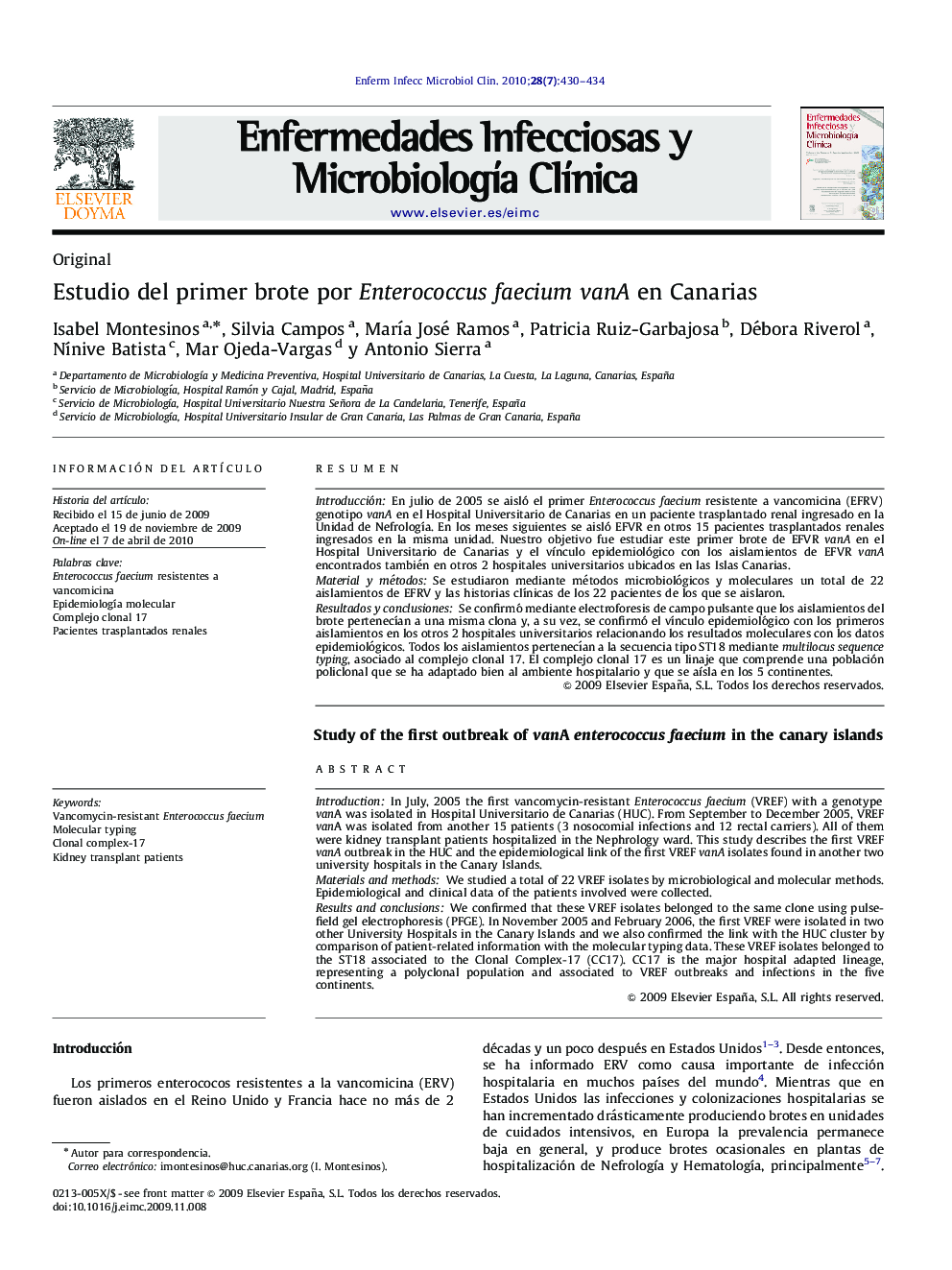 Estudio del primer brote por Enterococcus faecium vanA en Canarias