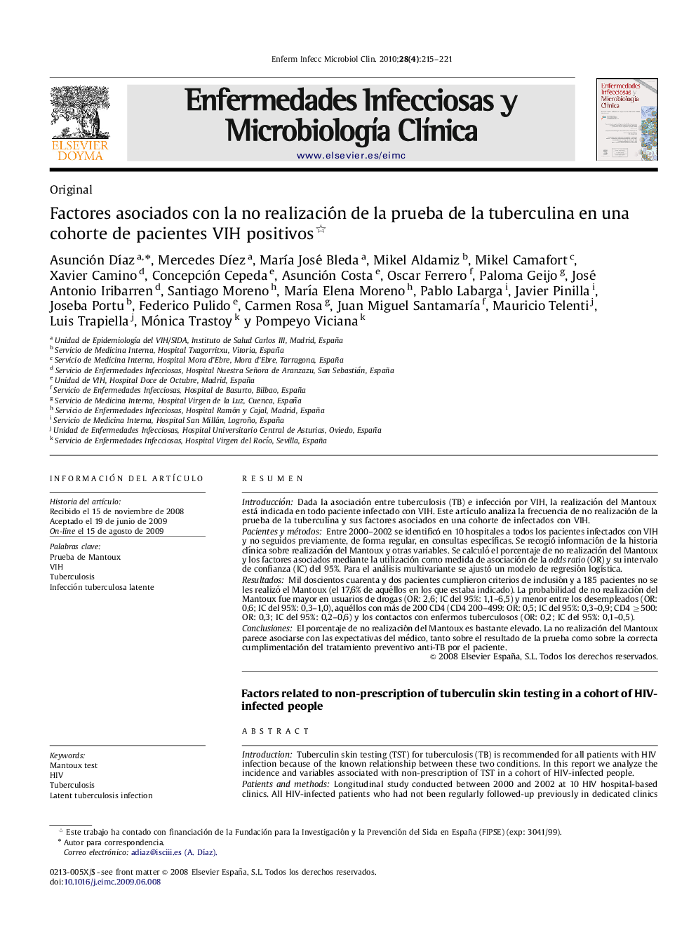 Factores asociados con la no realización de la prueba de la tuberculina en una cohorte de pacientes VIH positivos