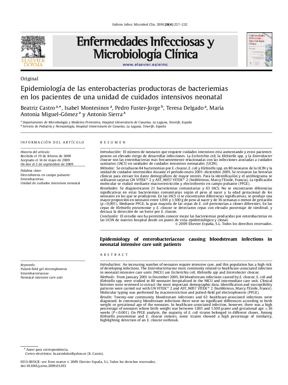 Epidemiología de las enterobacterias productoras de bacteriemias en los pacientes de una unidad de cuidados intensivos neonatal