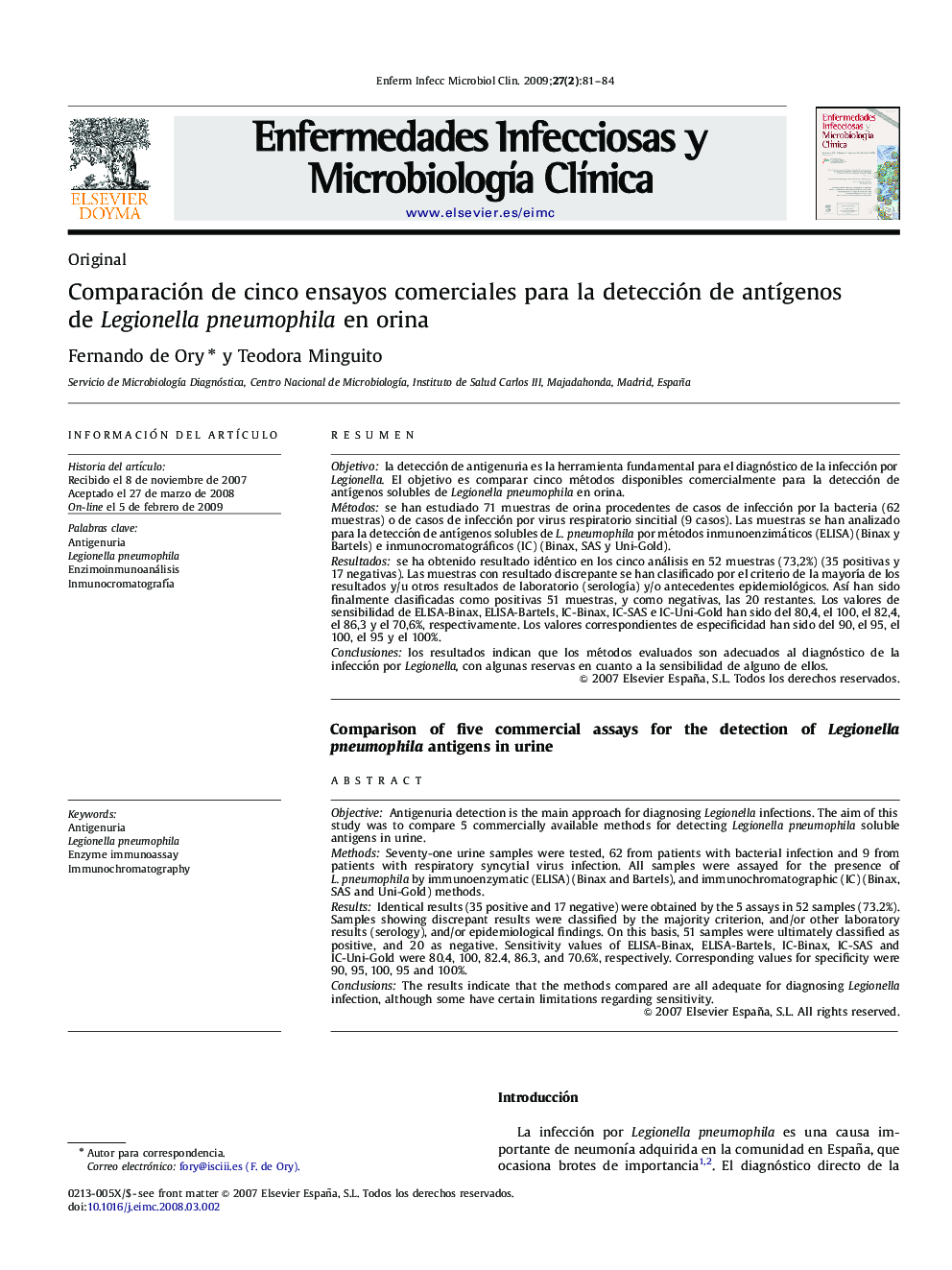 Comparación de cinco ensayos comerciales para la detección de antígenos de Legionella pneumophila en orina