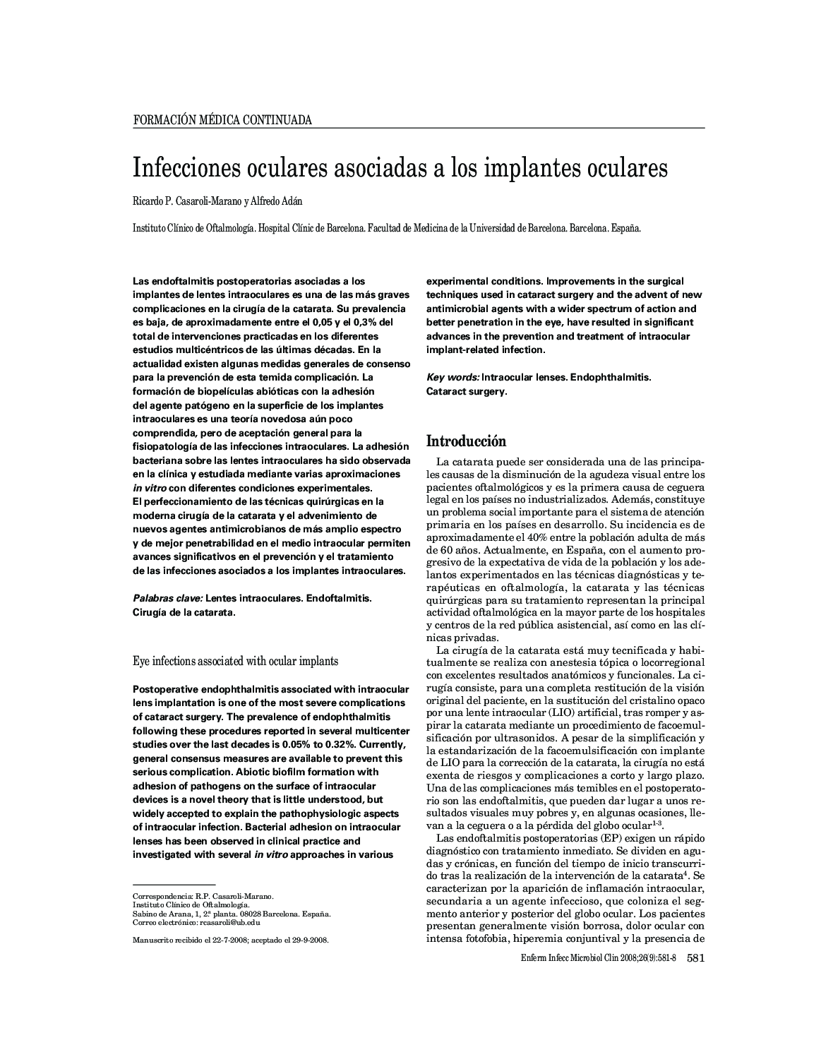 عکس صفحه اول مقاله: Infecciones oculares asociadas a los implantes oculares Infecciones oculares asociadas a los implantes oculares