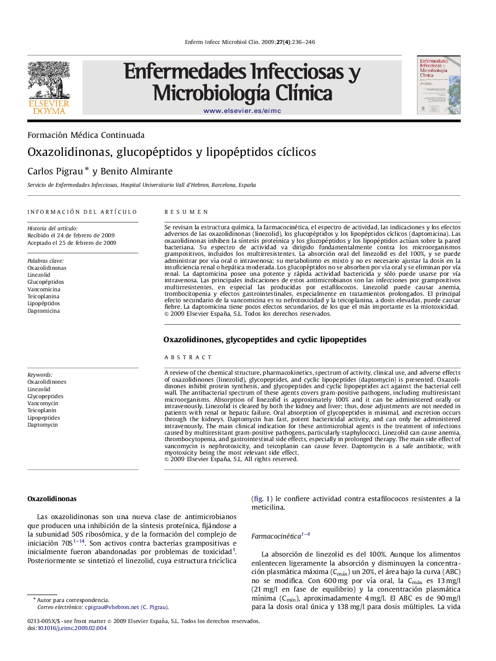 عکس صفحه اول مقاله: Oxazolidinonas, glucopéptidos y lipopéptidos cÃclicos Oxazolidinonas, glucopéptidos y lipopéptidos cÃclicos