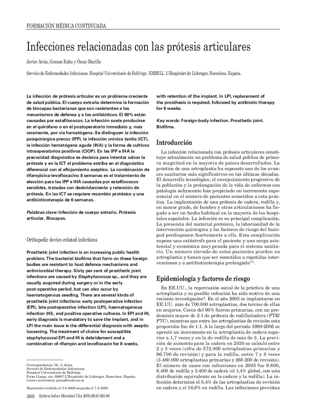 Infecciones relacionadas con las prótesis articulares