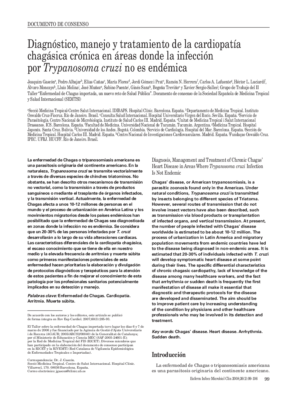 Diagnóstico, manejo y tratamiento de la cardiopatÃ­a chagásica crónica en áreas donde la infección por Trypanosoma cruzi no es endémica