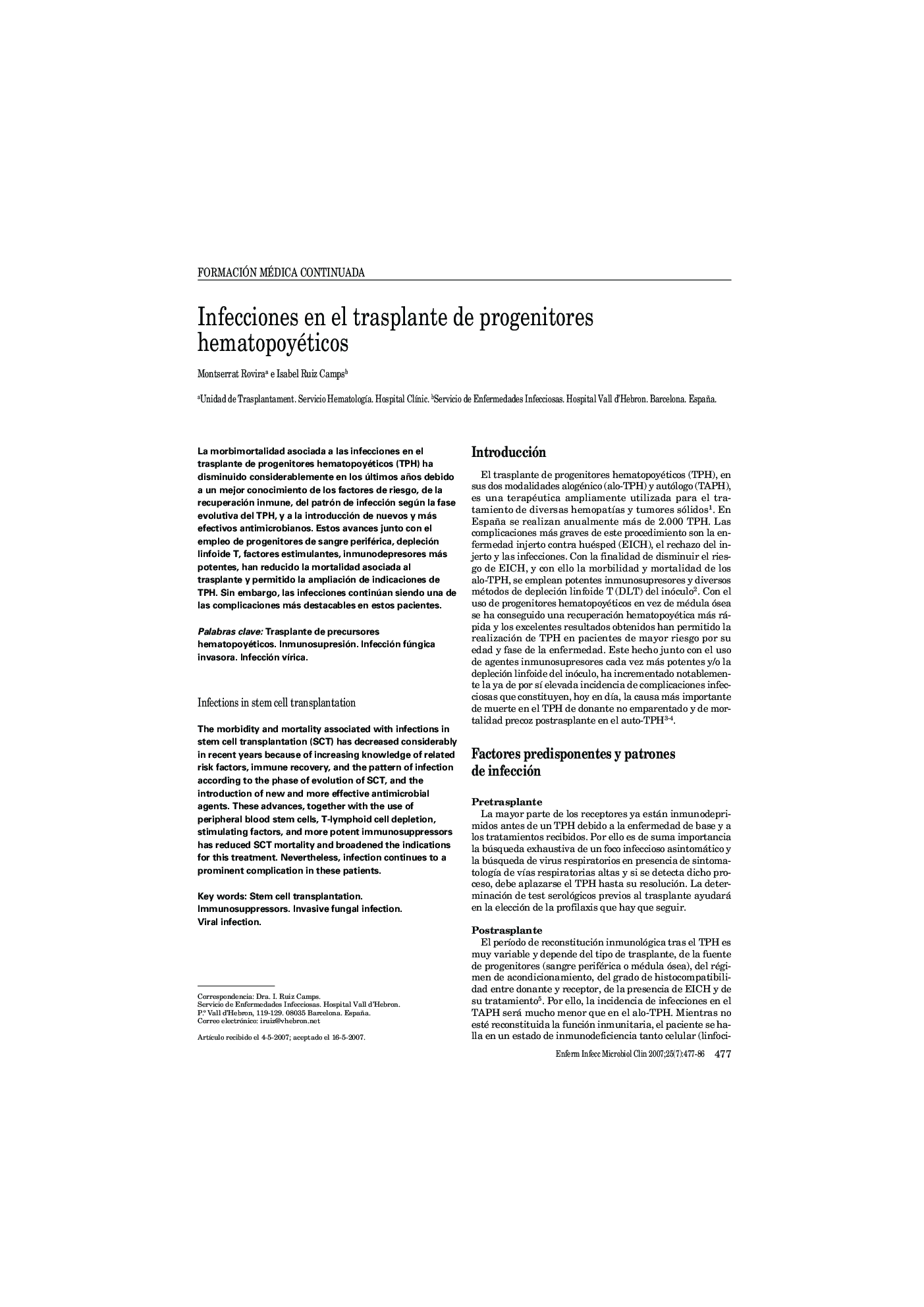 Infecciones en el trasplante de progenitores hematopoyéticos