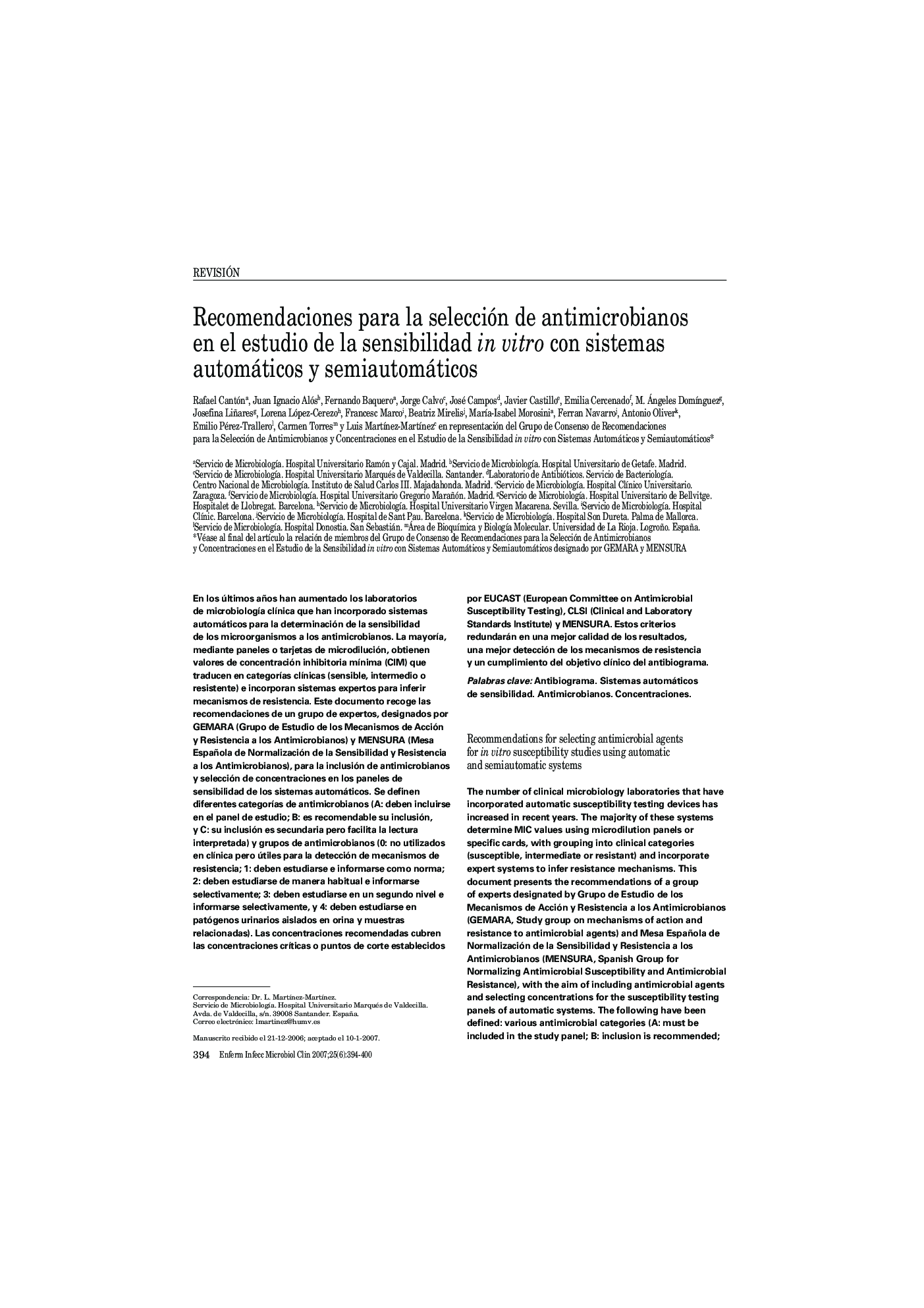 Recomendaciones para la selección de antimicrobianos en el estudio de la sensibilidad in vitro con sistemas automáticos y semiautomáticos