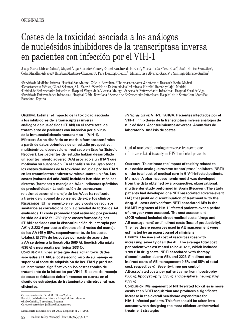 Costes de la toxicidad asociada a los análogos de nucleósidos inhibidores de la transcriptasa inversa en pacientes con infección por el VIH-1