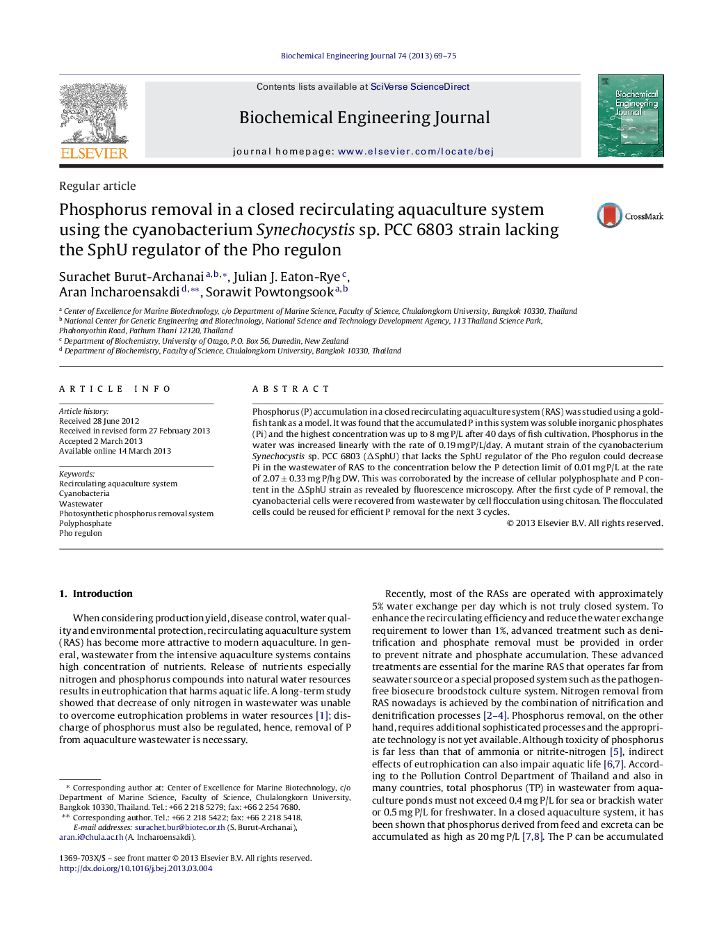 Phosphorus removal in a closed recirculating aquaculture system using the cyanobacterium Synechocystis sp. PCC 6803 strain lacking the SphU regulator of the Pho regulon