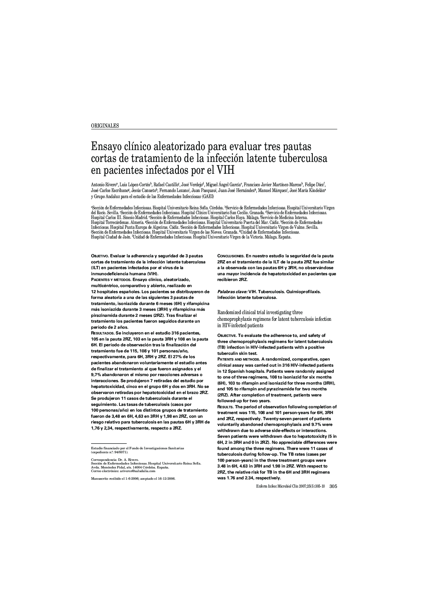 Ensayo clÃ­nico aleatorizado para evaluar tres pautas cortas de tratamiento de la infección latente tuberculosa en pacientes infectados por el VIH