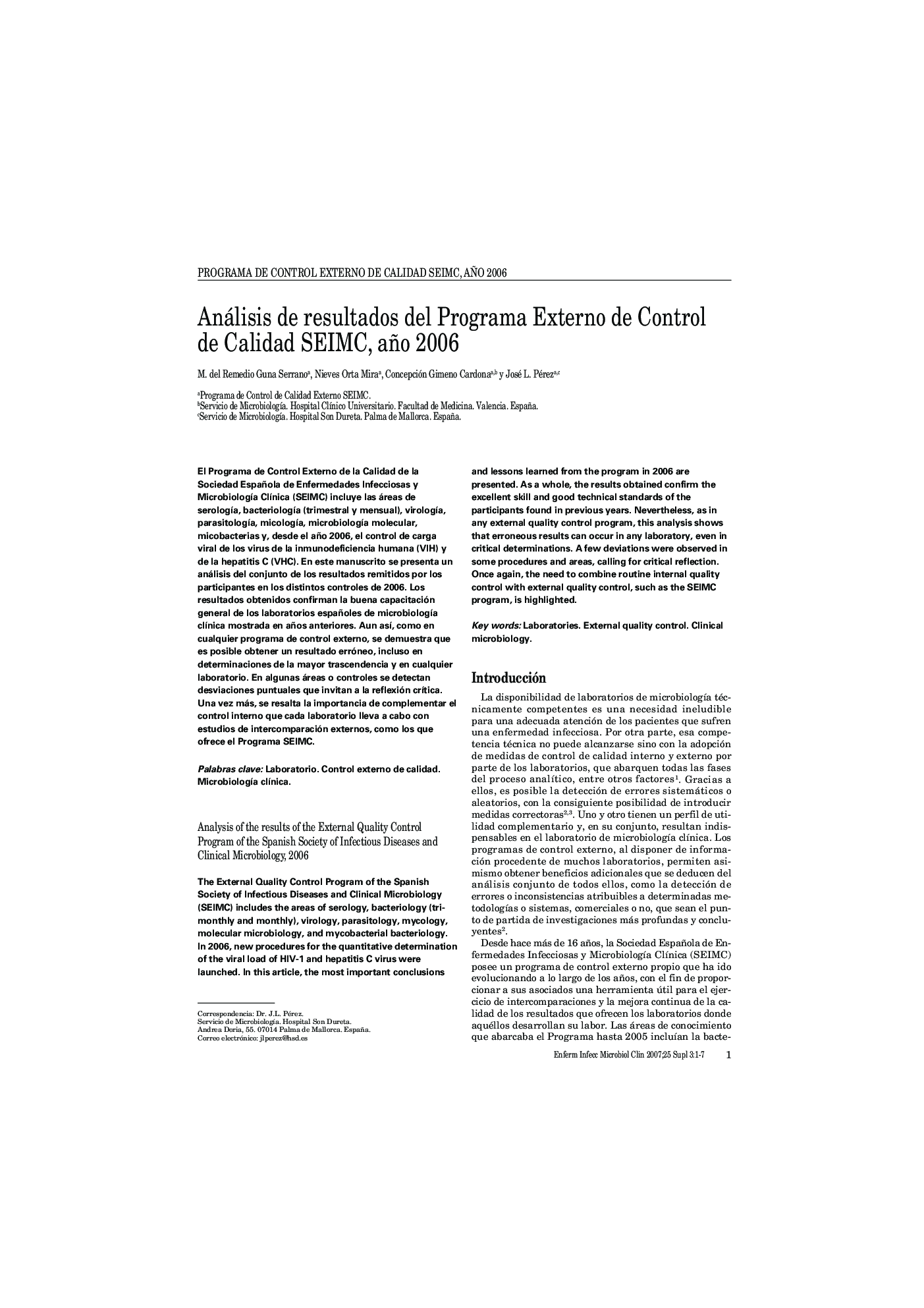 Análisis de resultados del Programa Externo de Control de Calidad SEIMC, año 2006