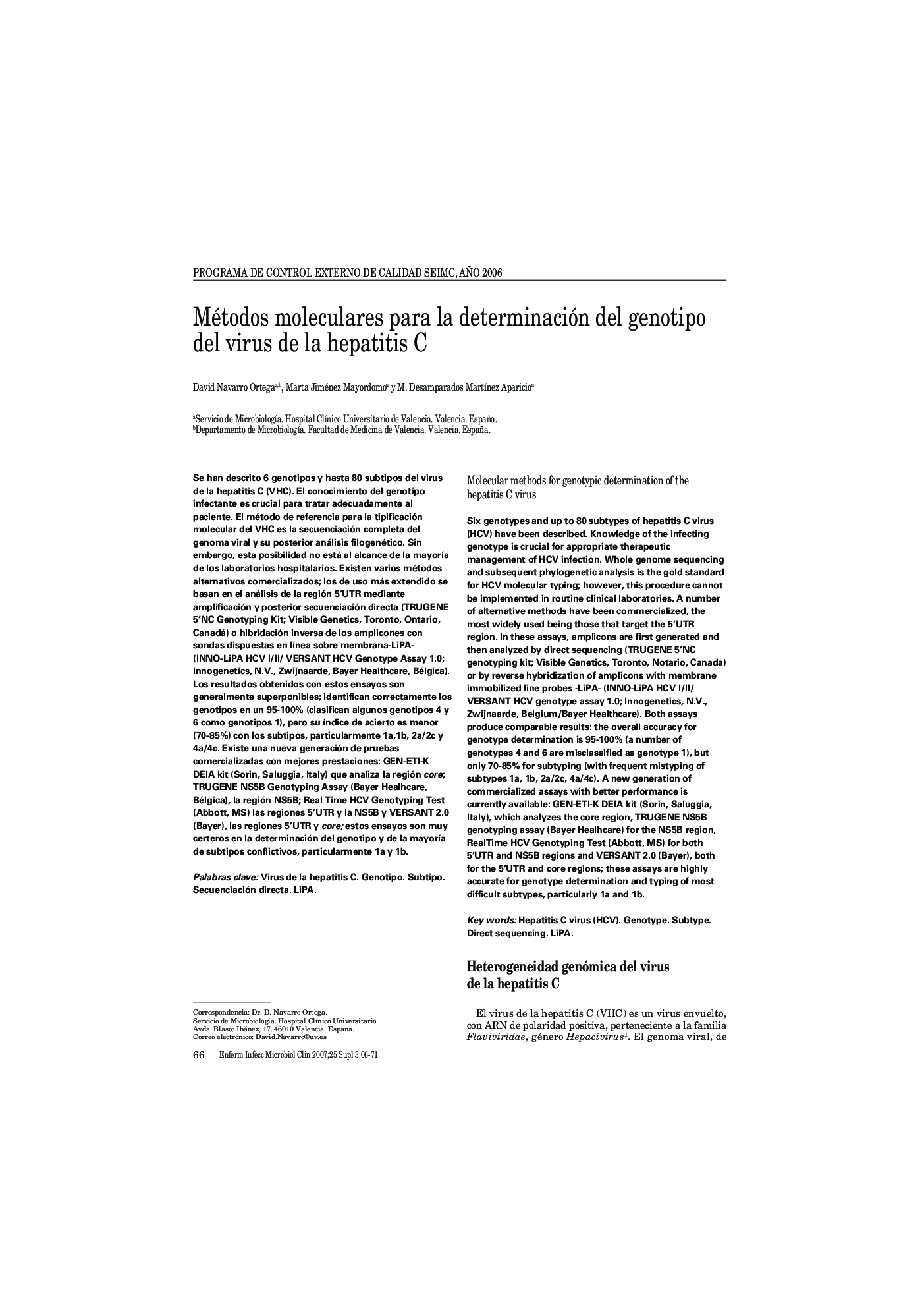 عکس صفحه اول مقاله: Métodos moleculares para la determinación del genotipo del virus de la hepatitis C Métodos moleculares para la determinación del genotipo del virus de la hepatitis C