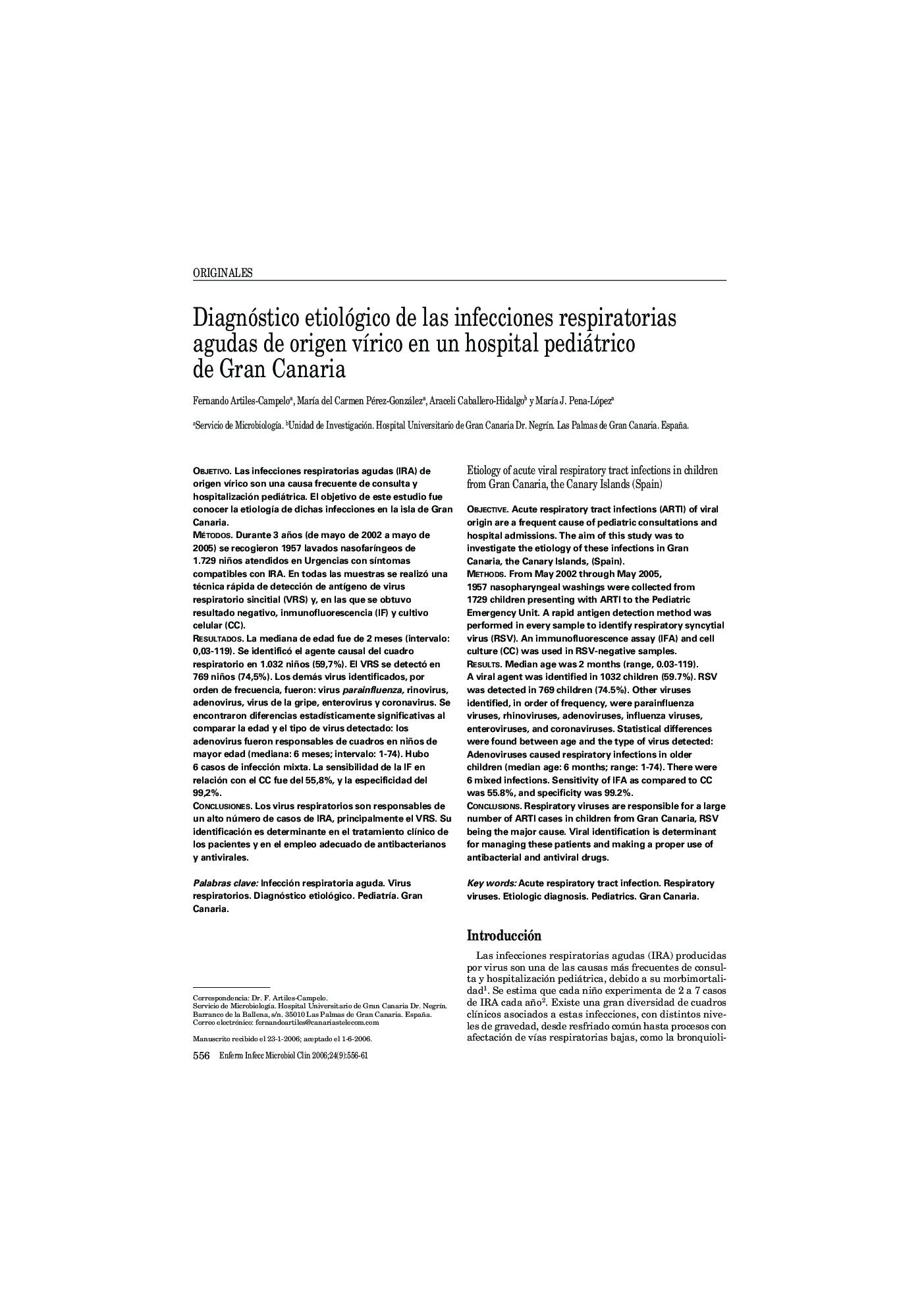 Diagnóstico etiológico de las infecciones respiratorias agudas de origen vÃ­rico en un hospital pediátrico de Gran Canaria