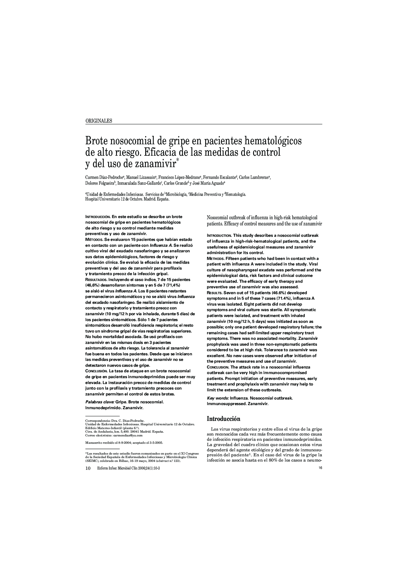 Brote nosocomial de gripe en pacientes hematológicos de alto riesgo. Eficacia de las medidas de control y del uso de zanamivir