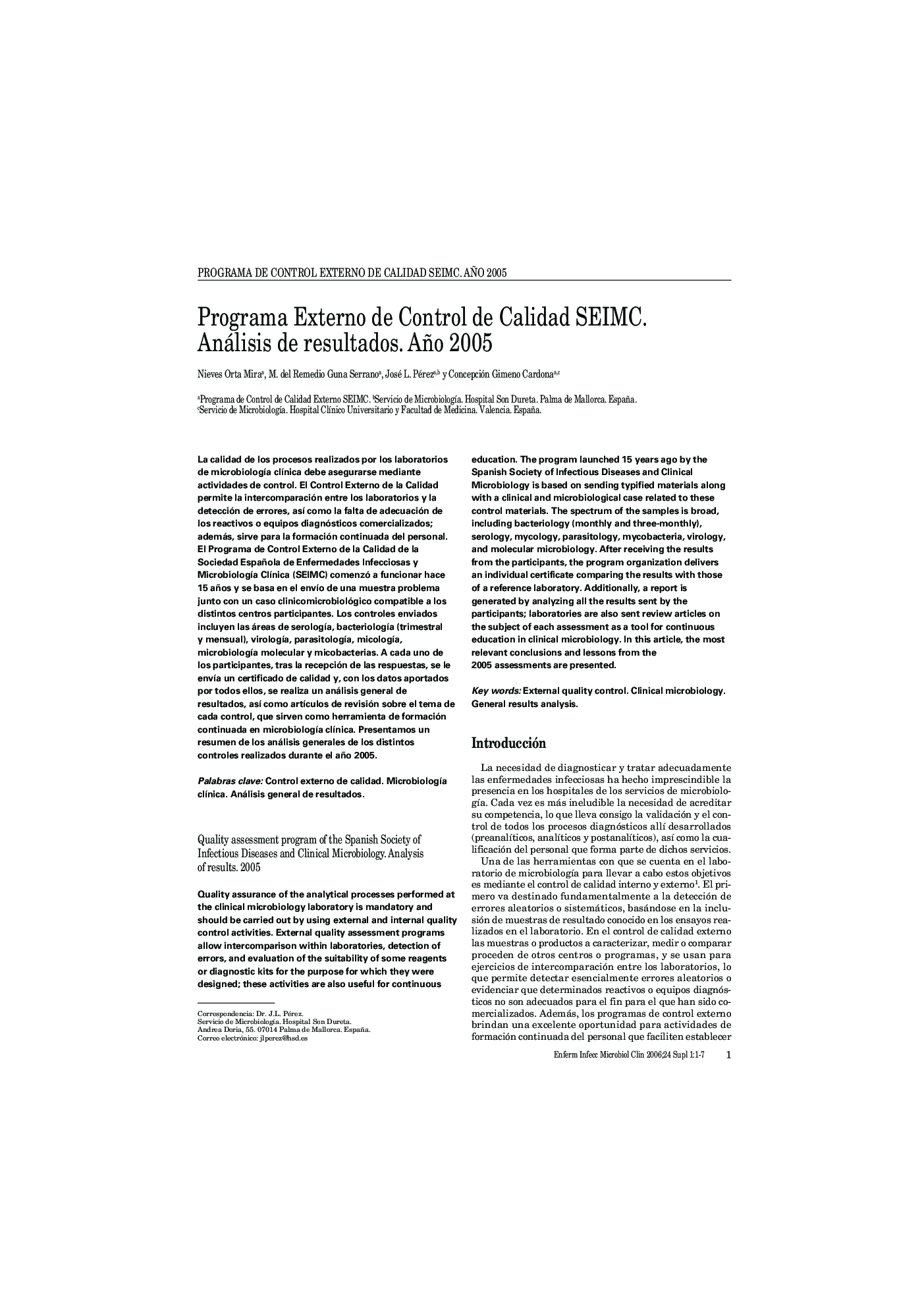 Programa Externo de Control de Calidad SEIMC. Análisis de resultados. Año 2005
