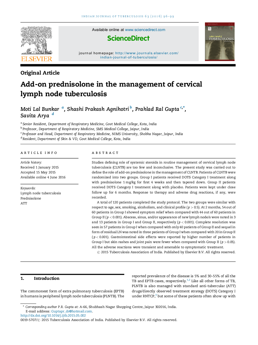 Add-on prednisolone in the management of cervical lymph node tuberculosis