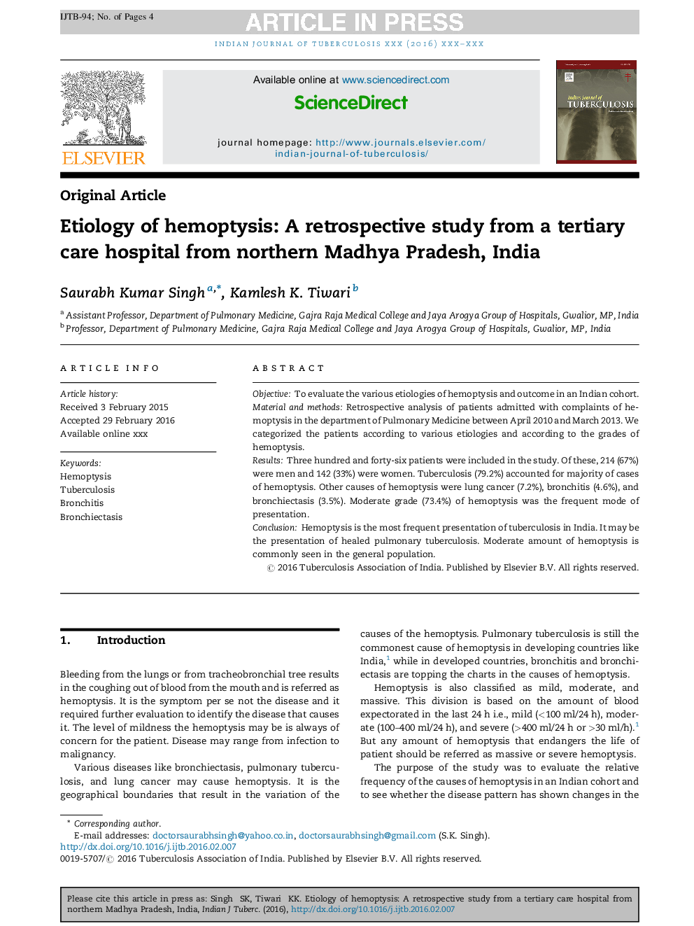 Etiology of hemoptysis: A retrospective study from a tertiary care hospital from northern Madhya Pradesh, India