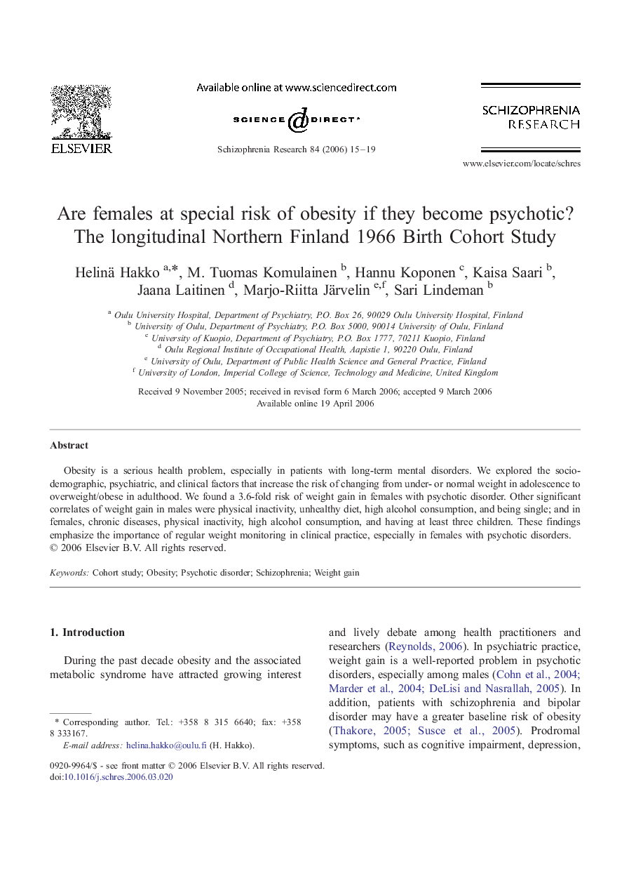 Are females at special risk of obesity if they become psychotic? The longitudinal Northern Finland 1966 Birth Cohort Study