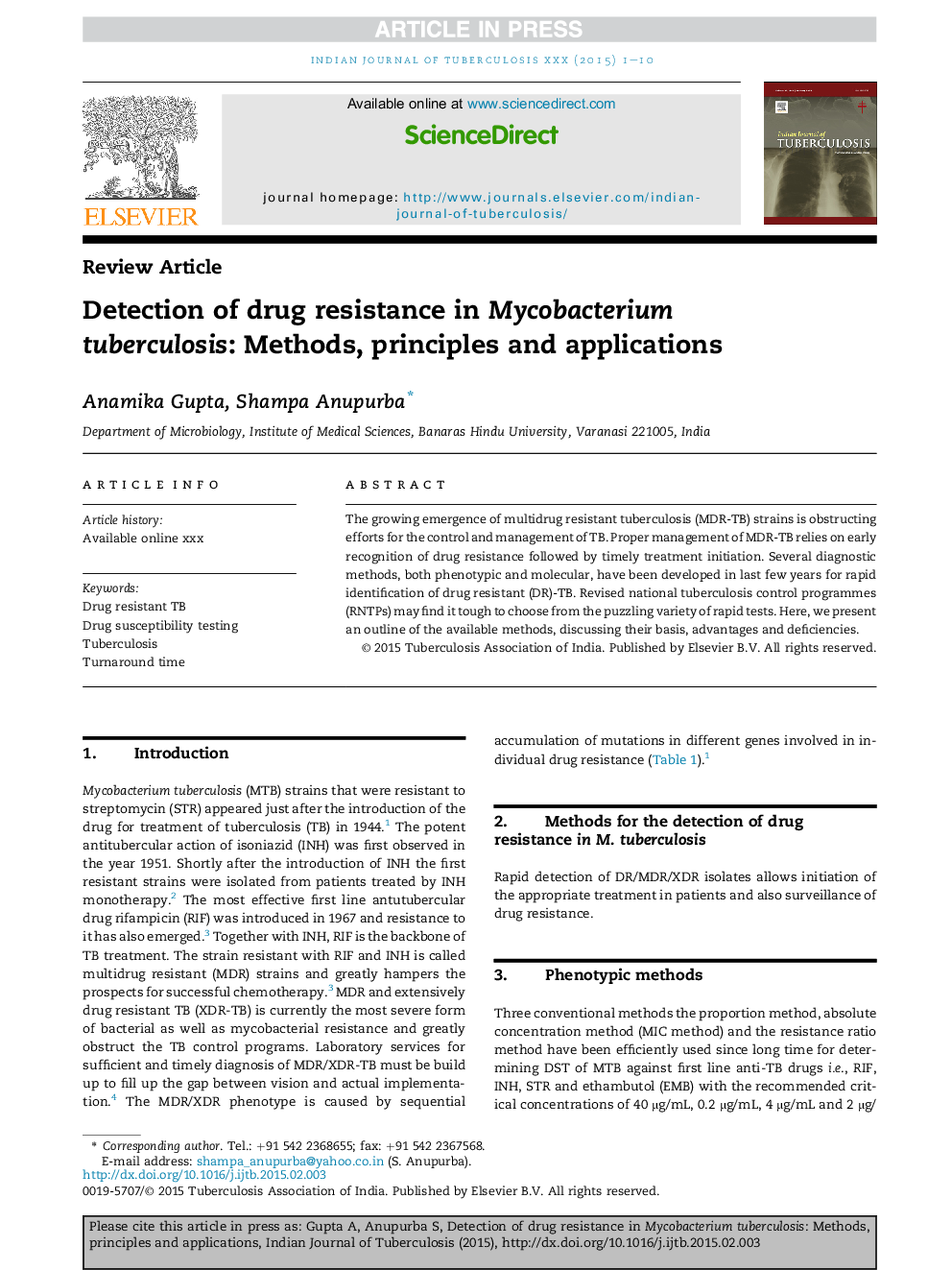 Detection of drug resistance in Mycobacterium tuberculosis: Methods, principles and applications