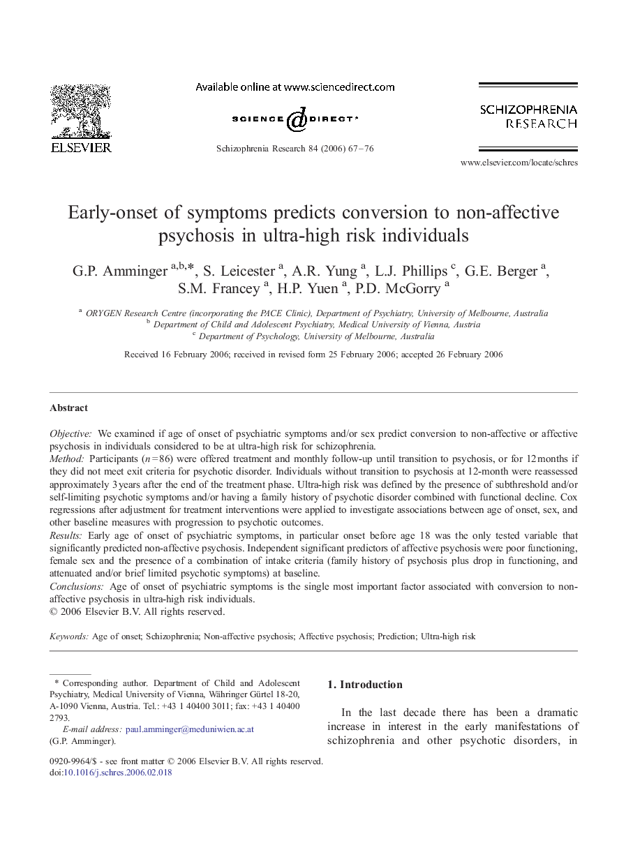 Early-onset of symptoms predicts conversion to non-affective psychosis in ultra-high risk individuals