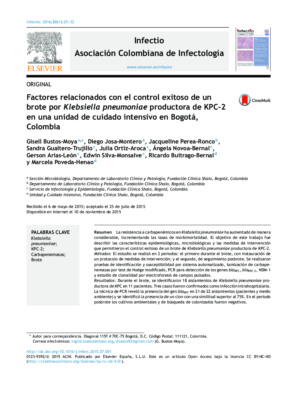 Factores relacionados con el control exitoso de un brote por Klebsiella pneumoniae productora de KPC-2 en una unidad de cuidado intensivo en Bogotá, Colombia