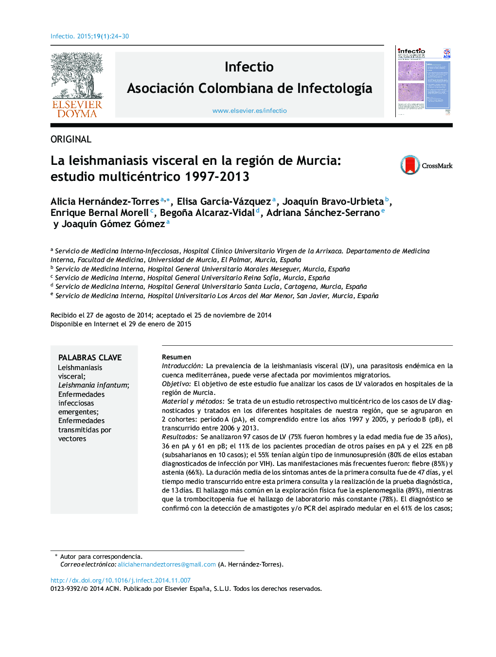 La leishmaniasis visceral en la región de Murcia: estudio multicéntrico 1997-2013