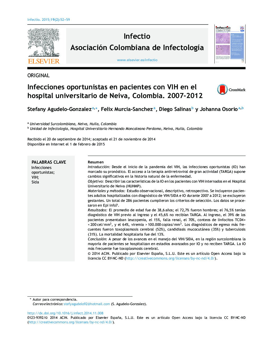 Infecciones oportunistas en pacientes con VIH en el hospital universitario de Neiva, Colombia. 2007-2012