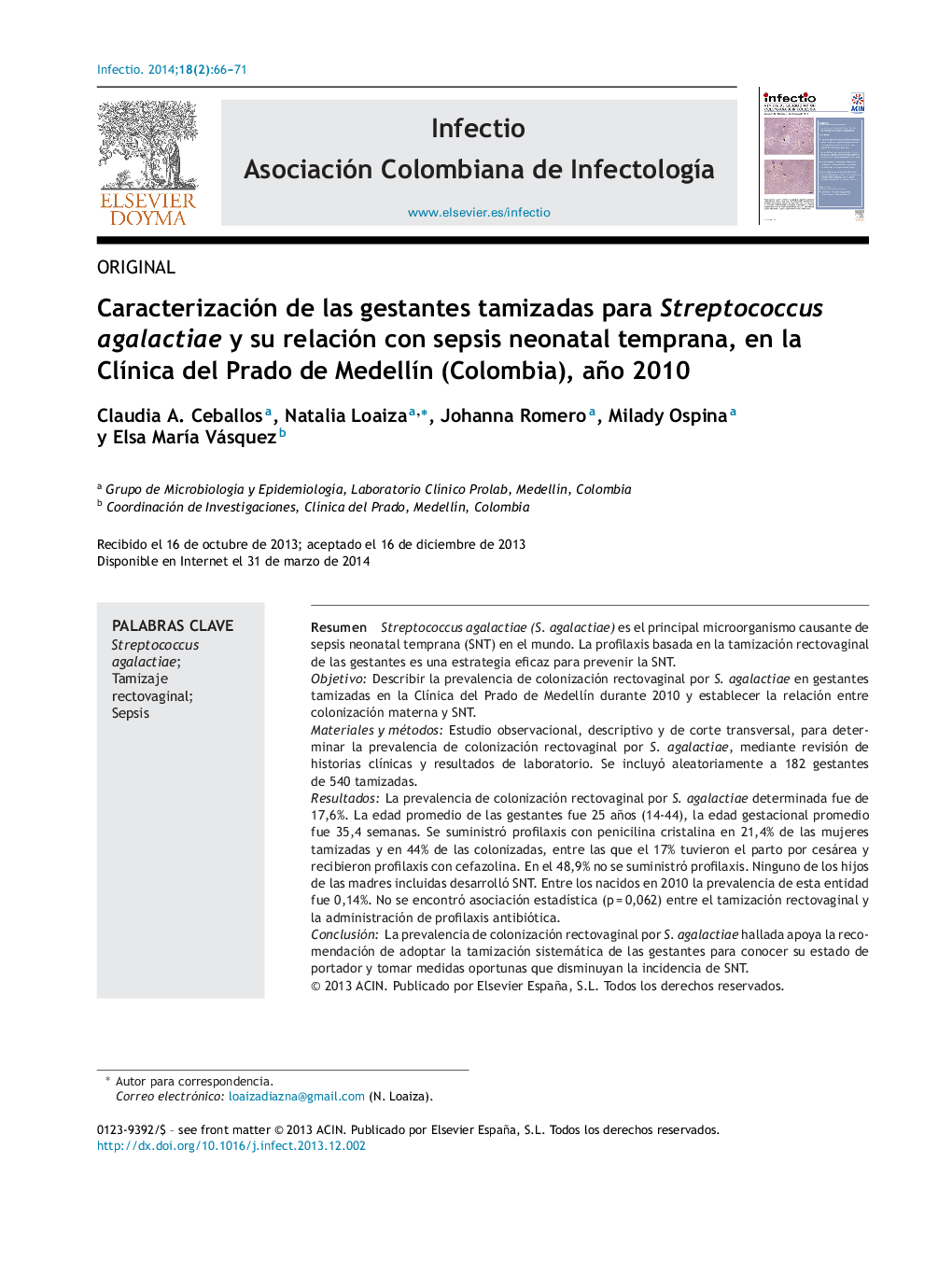 Caracterización de las gestantes tamizadas para Streptococcus agalactiae y su relación con sepsis neonatal temprana, en la Clínica del Prado de Medellín (Colombia), año 2010