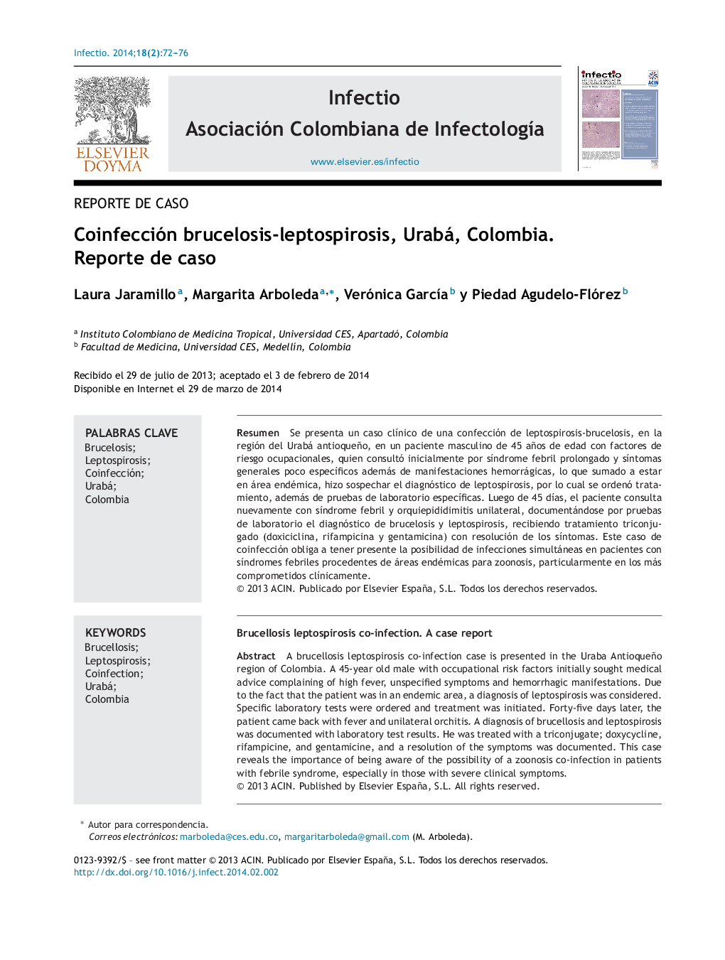 Coinfección brucelosis-leptospirosis, Urabá, Colombia. Reporte de caso