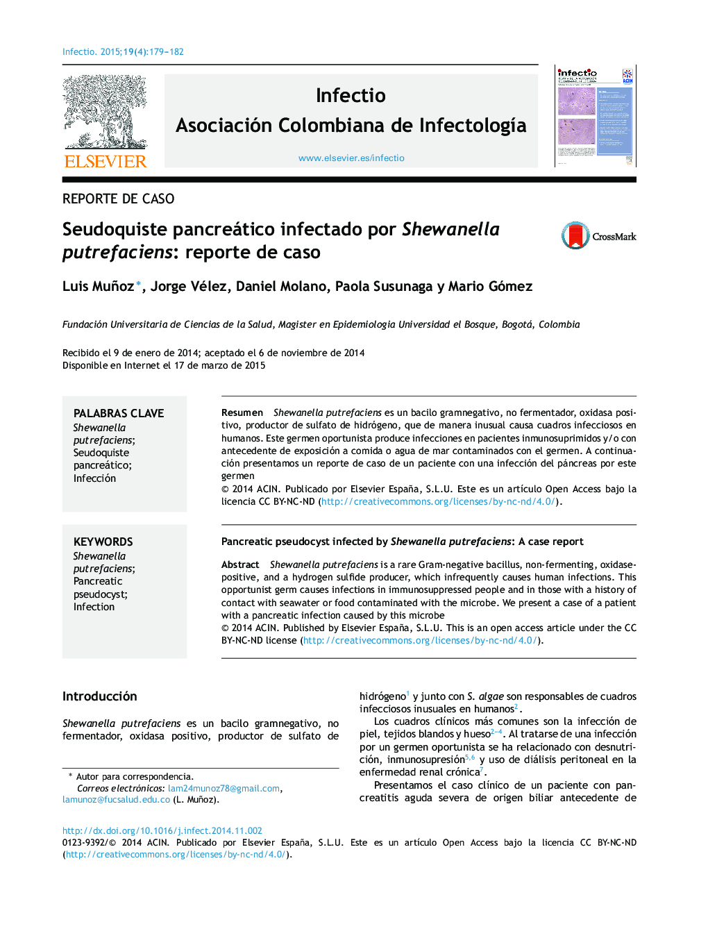 Seudoquiste pancreático infectado por Shewanella putrefaciens: reporte de caso