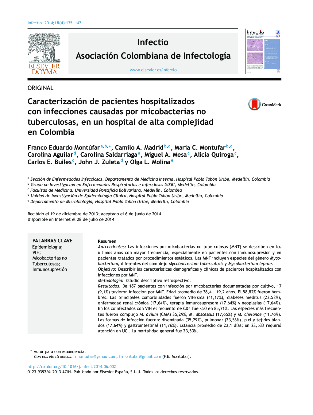 Caracterización de pacientes hospitalizados con infecciones causadas por micobacterias no tuberculosas, en un hospital de alta complejidad en Colombia