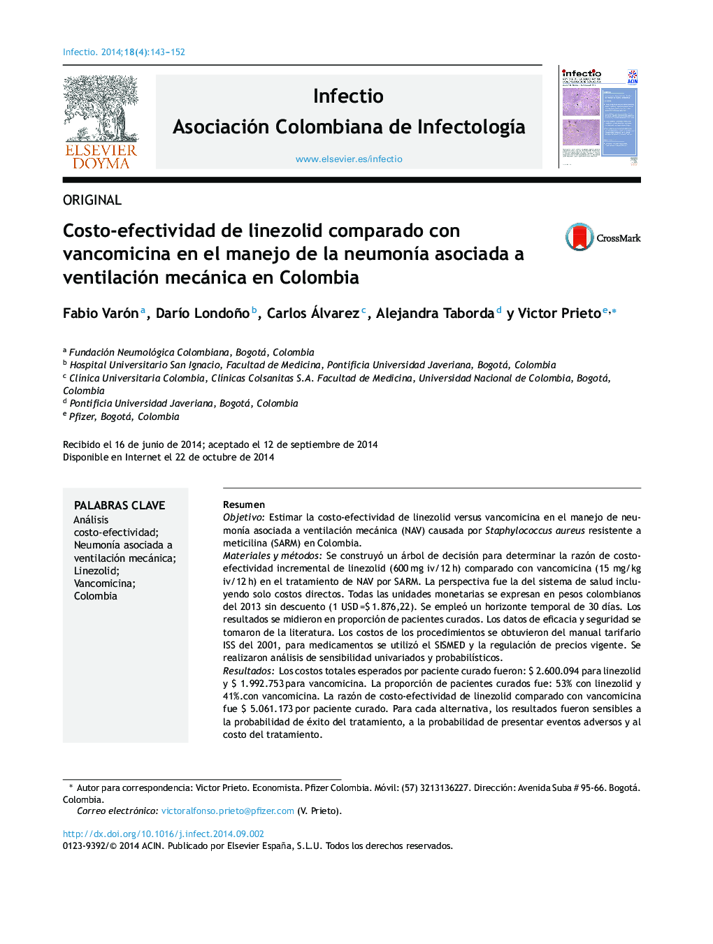 Costo-efectividad de linezolid comparado con vancomicina en el manejo de la neumonía asociada a ventilación mecánica en Colombia