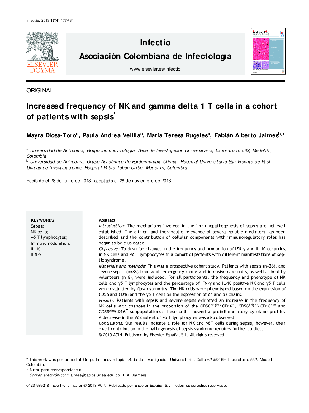 Increased frequency of NK and gamma delta 1 T cells in a cohort of patients with sepsis* *