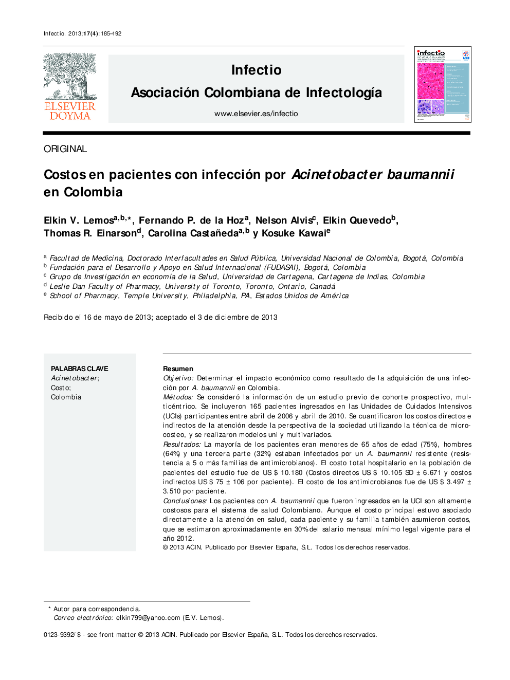 Costos en pacientes con infección por Acinetobacter baumannii en Colombia